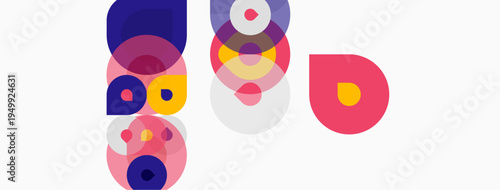 Abstract composition featuring overlapping circles. Various hues create layered visual effect. Minimalist design, modern aesthetic.
