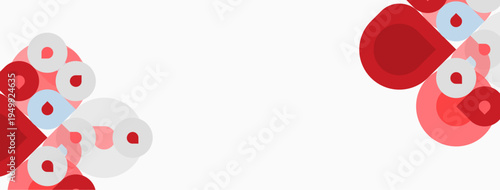 Abstract design features overlapping circles, red and pale pink hues. Minimalist composition with ample white space. Modern aesthetic.