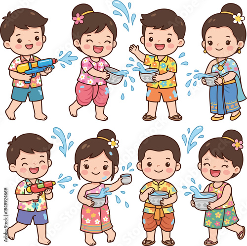 girls and boys playing water holding silver water bowls water guns splashing water happily