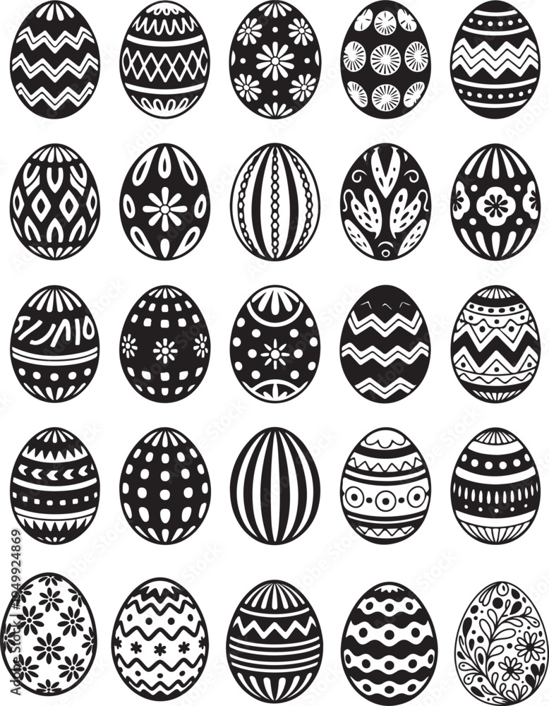 Fototapeta premium Collection of 25 intricately decorated Easter eggs in a grid, featuring diverse patterns and textures