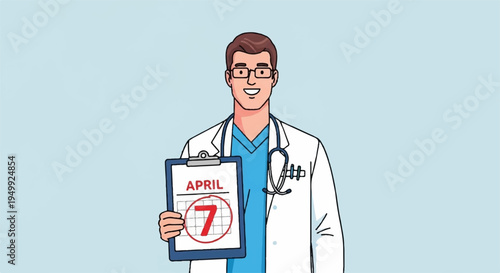 Smiling doctor holding clipboard with april 7th medical professional in white coat and blue scrubs