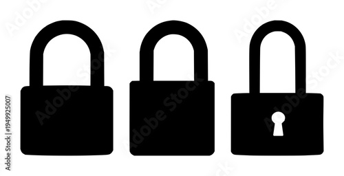 Padlock set with solid black silhouette of heavy-duty industrial padlock in an open position featuring security, access, industrial with black and white