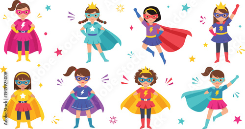 Superhero Girls Cartoon Vector Set with Kids Wearing Capes, Masks, Crowns and Comic Style Hero Characters