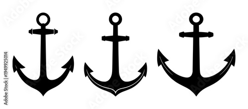 Anchor set with simple black silhouette on white background featuring nautical symbol, maritime icon, line art with logo-friendly and minimalist design