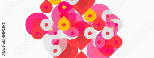 Abstract composition featuring overlapping circles. Pink, red, yellow hues dominate white background. Modern, playful design.
