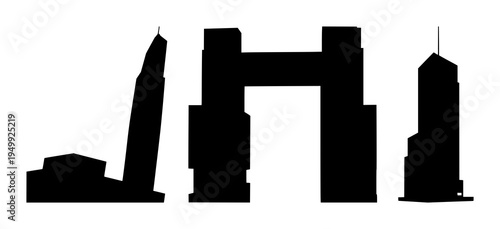 Skyscraper set with solid black silhouette and geometric grid design featuring futuristic, modular, sustainable architecture with urban planning and city skyline