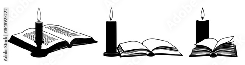 Candle and book set with high contrast black silhouette of a lit candle next to an open book on white background featuring study, wisdom, illumination with black and white and minimalist