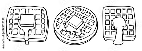 Belgian waffle set with flat 2D illustration on white background featuring Belgian waffle, butter cube, breakfast with flat 2D illustration and simple lines