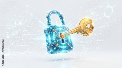 Digital Security Concept with a Key Unlocking a High-Tech Padlock Animation