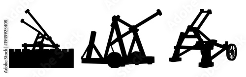Trebuchet set with solid black silhouette isolated on white featuring medieval warfare, siege engine, historical war technology with silhouette and outline