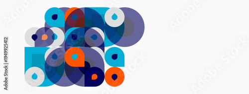 Abstract circles overlap, creating vibrant color patterns. Blue, orange, purple hues dominate composition. Minimalist design.