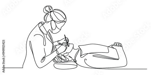 Continuous line drawing of a professional aesthetician performing a procedure on a client.