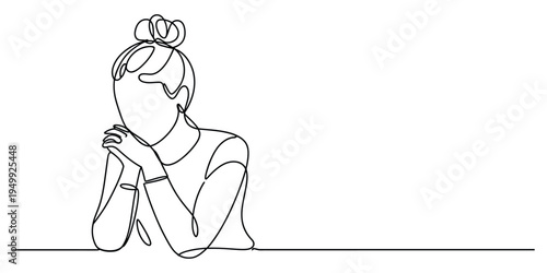 Continuous line drawing of a thoughtful woman resting her chin on her hands with a messy bun hairstyle.