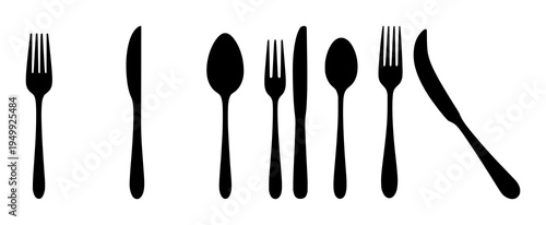 Utensils set with solid black silhouettes of fork, knife, spoon arranged vertically featuring minimalistic, line art, icons with flat design and 2D graphics