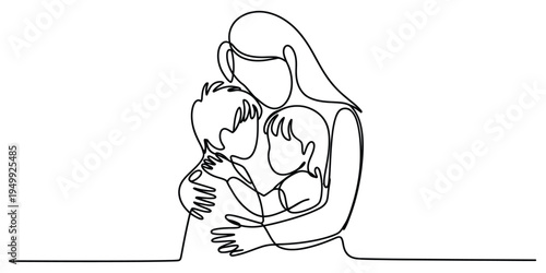 Continuous line drawing of a mother embracing her two young children in a warm hug