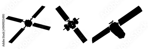 Satellite set with a solid black silhouette and solar wings featuring space exploration, technology, orbital with innovation and universe adventures