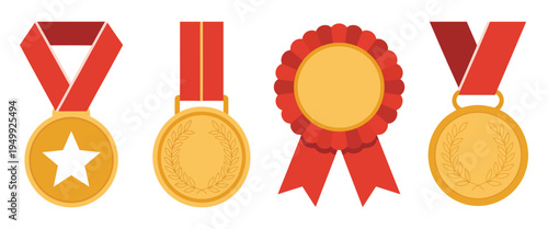 Flat vector set of four golden first-place medals and a rosette award with bright red ribbons, symbolizing