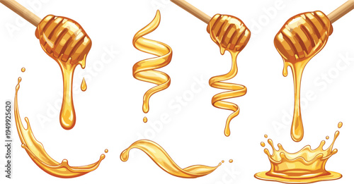Honey Drip and Splash Vector Set Featuring Honey Dipper, Sweet Syrup Flow, Golden Liquid Drops, and Splash Elements for Food and Dessert Design
