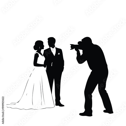 Photographer takes wedding photo of groom and bride silhouette portrait