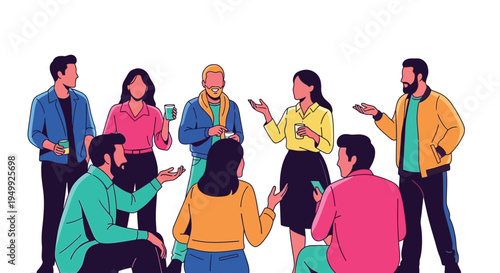 Group of people engaged in a lively conversation and socializing with drinks