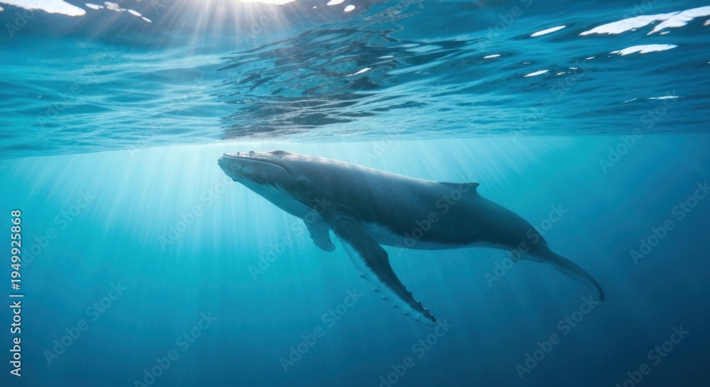 Obraz premium Gentle giant swims gracefully underwater, sun rays pierce the surface