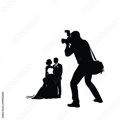Photographer takes wedding photo of groom and bride silhouette portrait