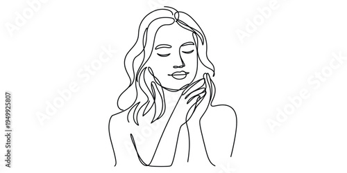 Elegant continuous line art illustration of a woman with closed eyes touching her face.