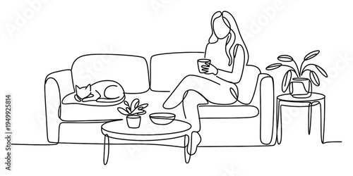 Continuous line drawing of a woman relaxing on a sofa with her cat and drinking coffee.