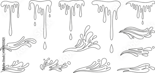 Liquid Drip and Splash Line Icon Set Featuring Melting Drops, Flowing Fluid Shapes, and Water Splash Elements for Abstract, Horror, and Design Projects