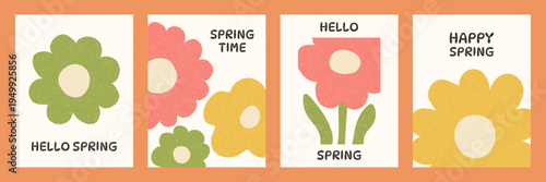 Flower poster set with simple retro shapes and grain texture. Bright floral elements blooming in spring season. Decorative design for greeting card, poster, banner, social media