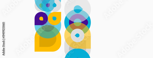 Abstract geometric shapes overlap, creating colorful composition. Circles, squares, rectangles form modern design. Bright hues dominate.