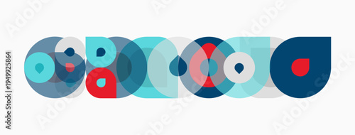 Abstract composition featuring overlapping circles. Various hues create dynamic visual rhythm, modern aesthetic. Clean design, simple shapes.