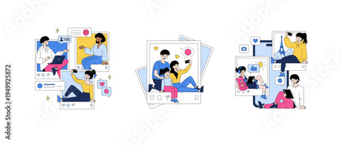 Social Media Interaction and Family Moments Vector Illustration
