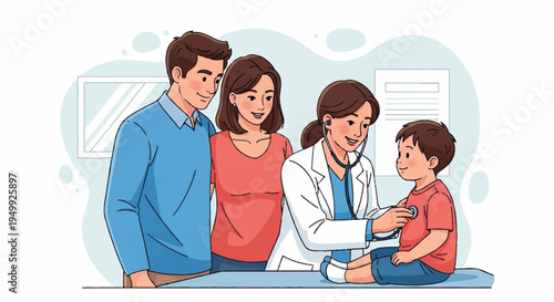 Family and doctor consulting a young boy in a medical office setting with concern