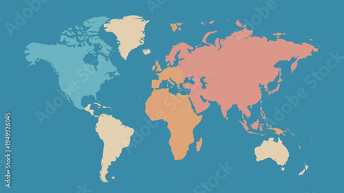 A colorful illustration of the world map with different continents highlighted in various shades
