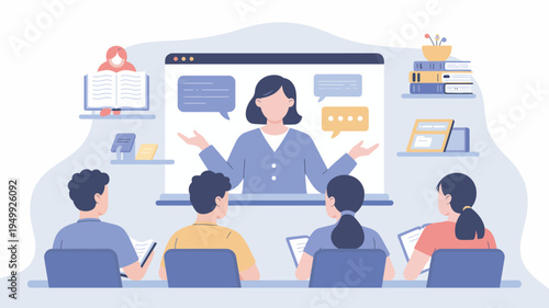 A teacher standing in front of a classroom giving an online lecture to her students.