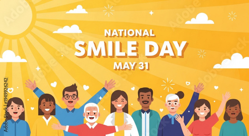 Diverse group of people celebrating national smile day on may 31 with joyful expressions and raised hands under a sunny sky