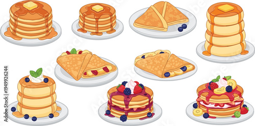 Pancake Breakfast Vector Set Featuring Stack of Pancakes with Syrup, Butter, Berries, and Crepes on Plates in Delicious Dessert Illustration Style