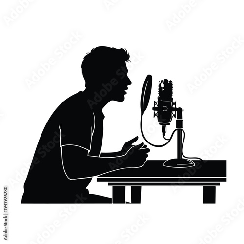 Podcaster talking into microphone silhouette