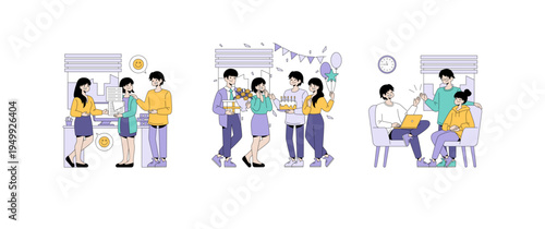 Office Team Celebrating and Working Vector Illustration