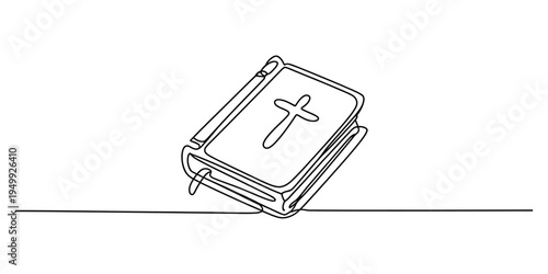 Continuous line drawing of a holy bible with a cross on the cover and a bookmark