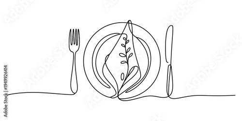 Continuous line art illustration of a dinner plate with a fork knife and leaf