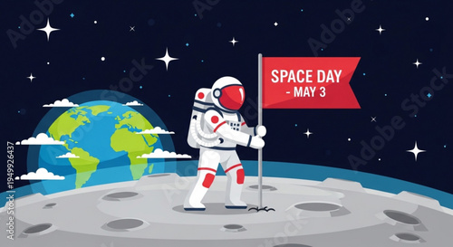 Astronaut in space suit stands on moon surface with flag on space day may 3rd celebrating exploration