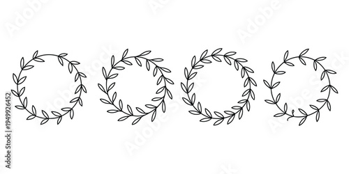 Set of four hand drawn floral wreath circular frames with delicate leaves and branches