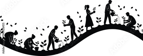 Black silhouette of people planting trees and watering young sprouts on a wavy hill isolated on white background for environmental protection and reforestation concept.