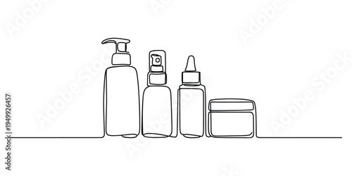 Continuous line drawing of cosmetic bottles including pump spray dropper and cream jar