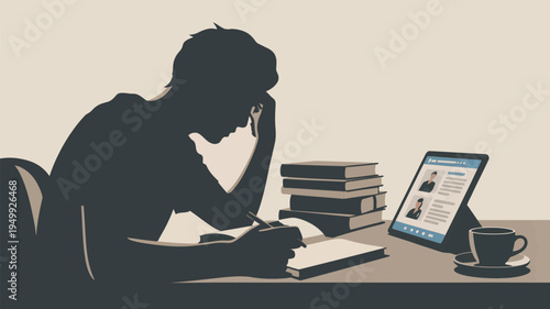 A silhouette of a person studying at a desk with books and a laptop
