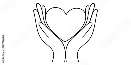 Minimalist line art illustration of two hands gently cupping and holding a heart symbol