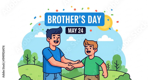 Brothers shaking hands on brother's day may 24 in a sunny green landscape with confetti