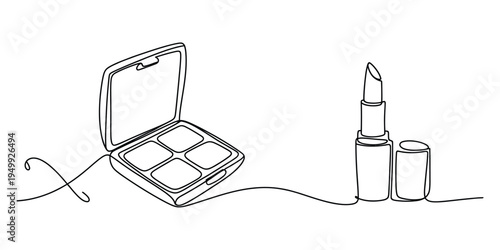 Minimalist one line art illustration of an open eyeshadow palette and a classic lipstick tube